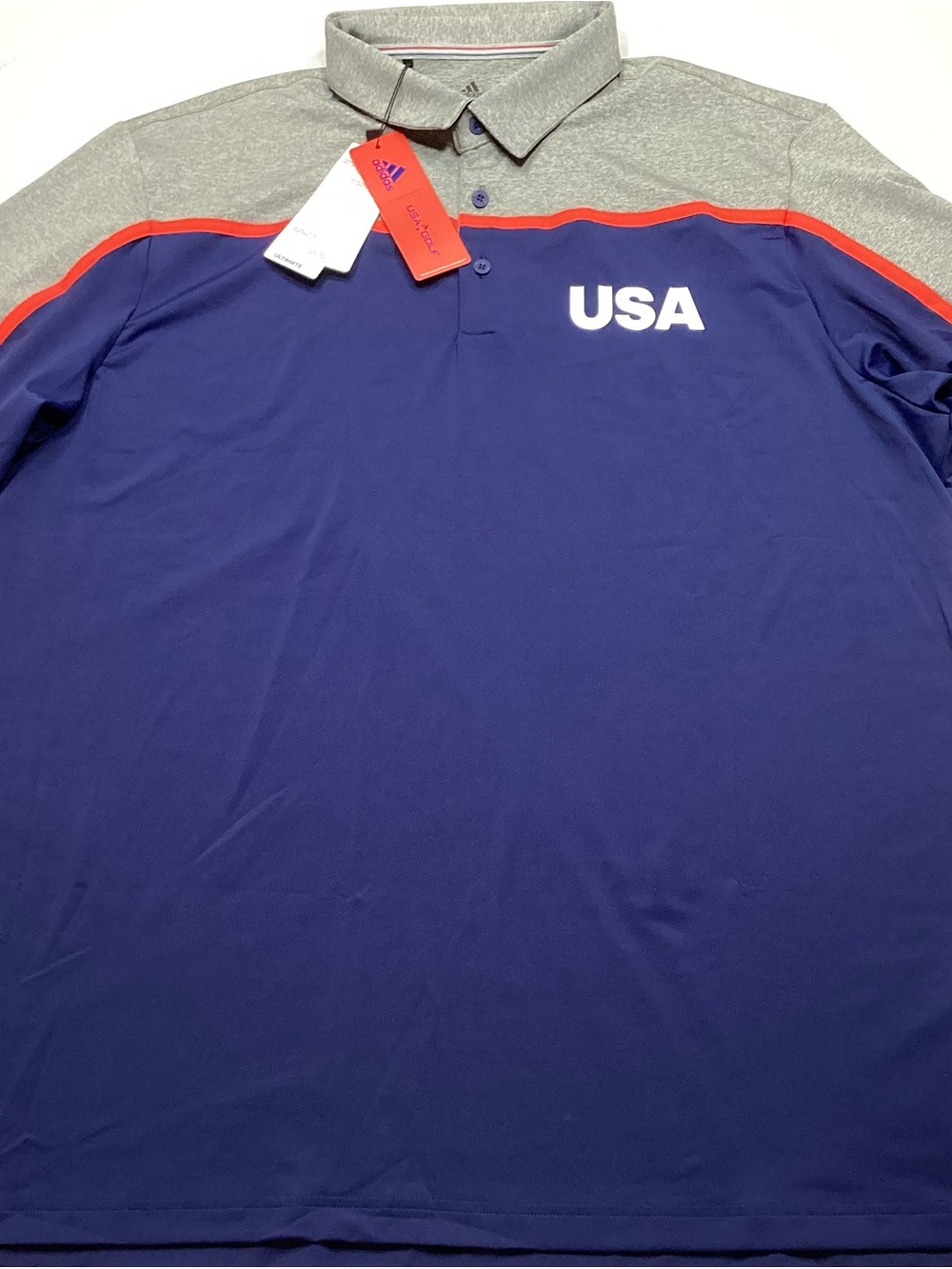 adidas Golf USA Olympic Polo Shirt Men’s XL NWT Blue Gray Colorblock UPF 50 NEW - Picture 1 of 13